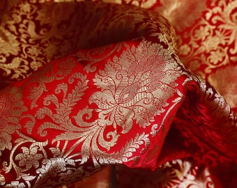 Brocade Fabric Banarasi Brocade Fabric by the Yard Banarasi Brocade Red Gold Weaving for Wedding Dress Home Decor Indian Art Blended Silk
