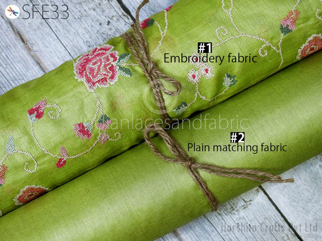 Pure Tussar Silk Embroidered Fabric by the Yard Indian Embroidery Raw