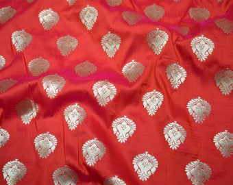 Orange Brocade Fabric by the yard Indian Fabric Banaras Brocade Bridal Wedding Dress Fabric Banarasi Fabric Blended brocade for lehenga