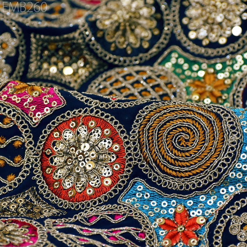 Blue Sewuin Pattern Indian Embroidered Fabric by the Yard Georgette Blue Embroidery Sewing ...