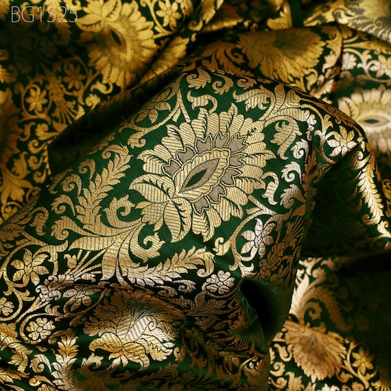 Silk Brocade Fabric Bottle Green Gold Banarasi Blended Silk Brocade Fabric by the Yard Banaras Brocade for Wedding Dress Bridesmaid Lehenga