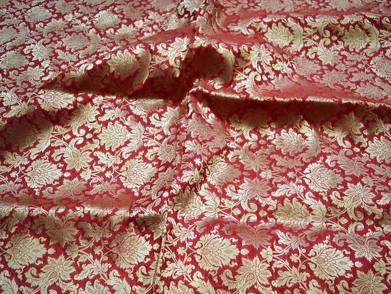 Silk Brocade Fabric in Maroon and Gold with Motifs Indian Silk Dresses Fabric Pure Banarasi Brocade Silk Fabric by the Yard crafting Sewing