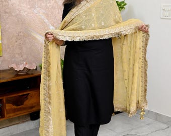 Embroidered Dupatta, Sequined Bridal Veil | Georgette | 2.5 Yd, Beige Tassels, Gold Edged - Wedding, Bridesmaid