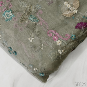 Pure Silk Organza Embroidered Fabric by the yard Indian Embroidery Bridal Sheer Floral Wedding Dress Delicate Designer Dress Material Saree
