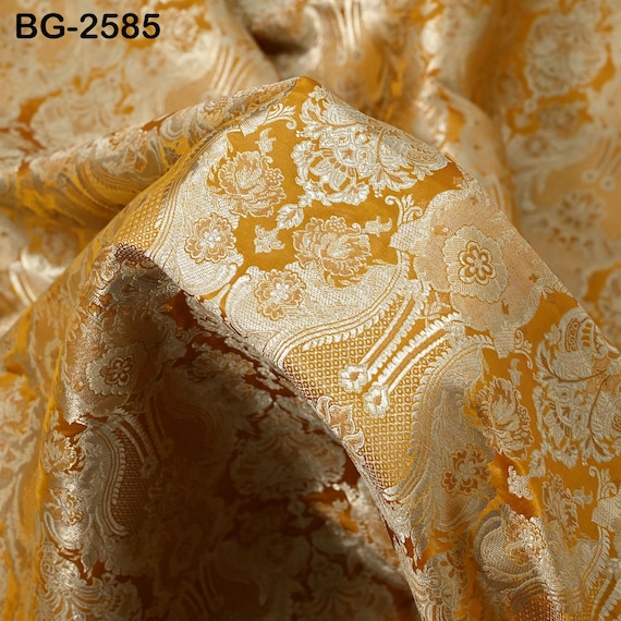 mustard yellow dress material Mustard Yellow Brocade Fabric by Yard Historic Costume Indian Banarasi  Wedding Dress Material Knee Length Coat Sewing Upholstery Drapery