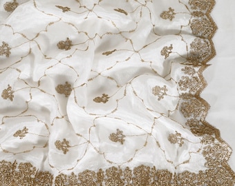 Gold Embroidered Dyeable Dupatta – Chiffon Stole with Scalloped Border | Bridal, Wedding, Festive Shawl | Custom Dyeable Dupatta
