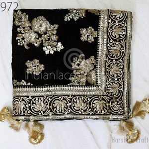 Black Dupatta Georgette Women Bridal Wedding lehenga Heavy Chunni Veil Sequin Scarf Indian Dresses Woman Costumes Gift Her Bridesmaid
