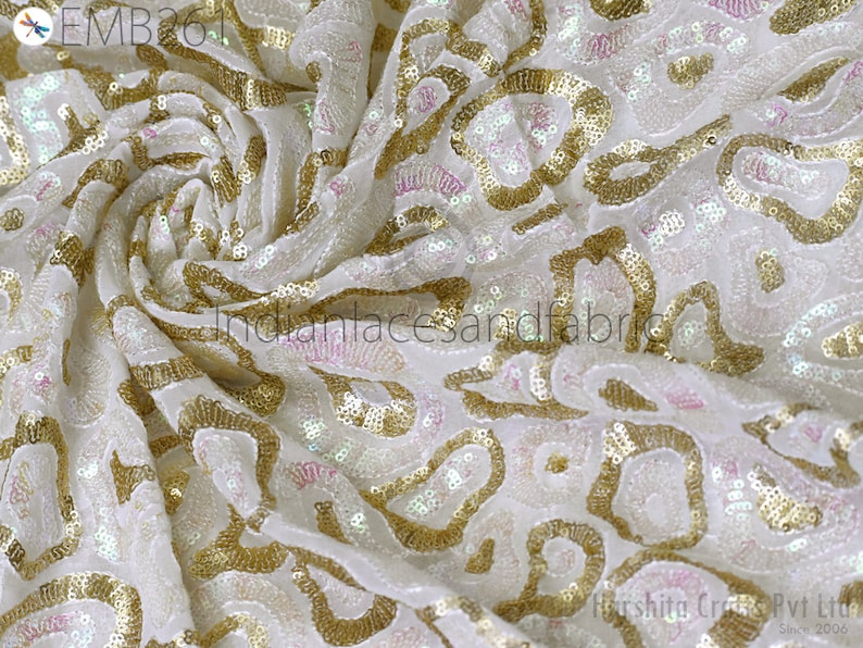 Buy Sequin Embroidery Fabric by the Yard Indian White Online