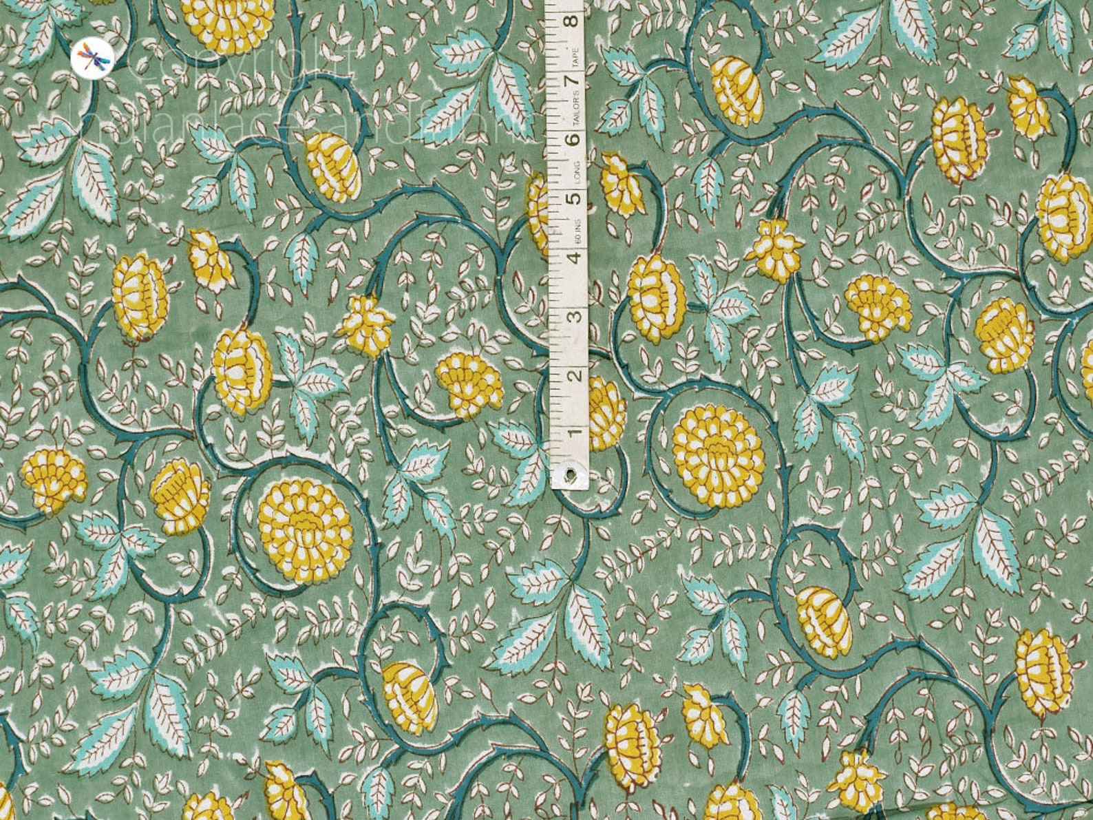 Green Indian Block Printed Soft Cotton Fabric by the Yard Women Summer ...