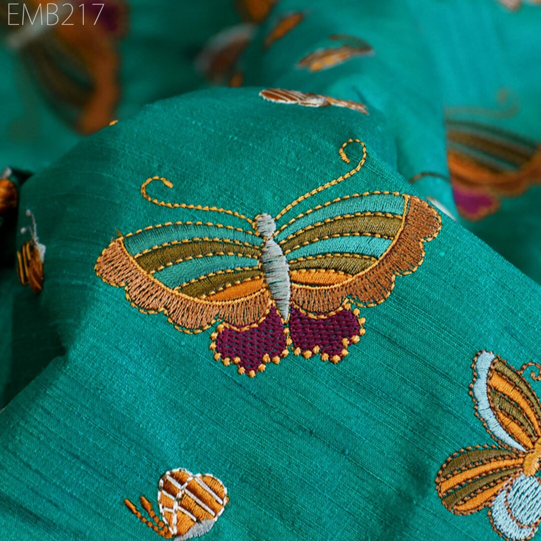 Butterfly Embroidery on Wine Shantung Embroidered Dupioni Silk