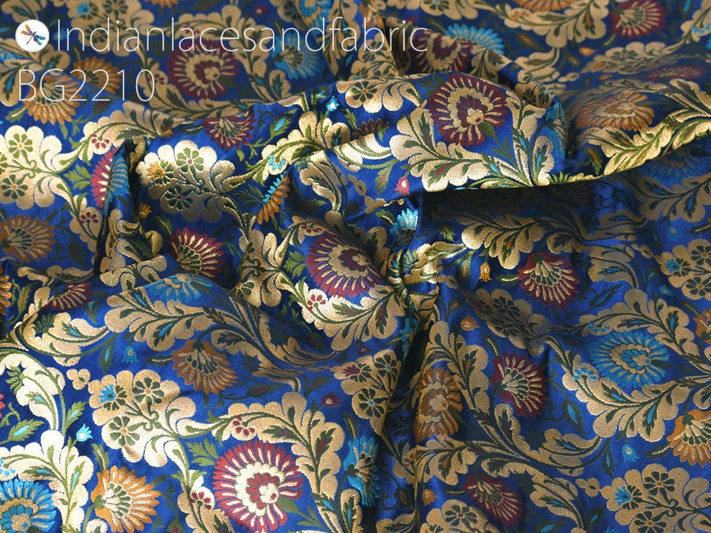 Blue Silk Brocade Fabric By The Yard Banarasi Indian Bridal Etsy