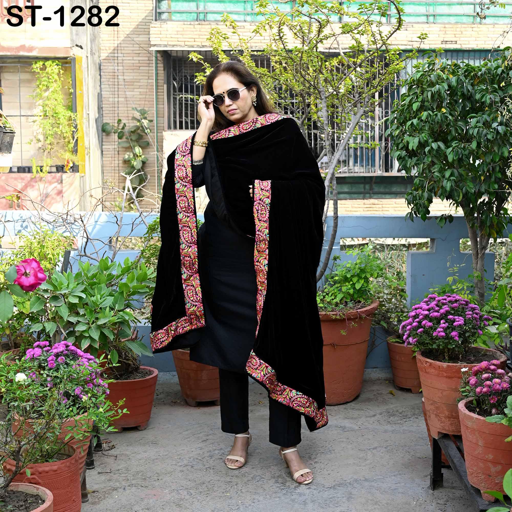 Black Velvet Shawl Dupatta – Embroidered Floral Border Wrap for