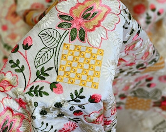 Floral Cream Embroidered Fabric by the yard Sewing DIY Crafting Indian Embroidery Wedding Dress Costumes Men's Waistcoat Bags Cushion Cover