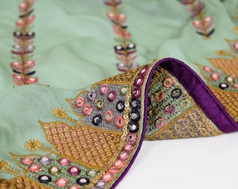 Mint Green Embroidered Chinon Chiffon Dupatta | 2.5 Yard Bridal Veil | Indian Wedding Stole | Lehenga Dupatta | Festival Wear Ethnic Chunni