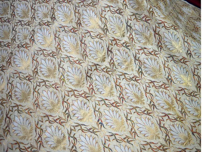 Banarasi Brocade Fabric by the yard Off white brocade fabric Blended fabric Indian Silk Fabric Wedding Banaras fabric sewing crafting fabric