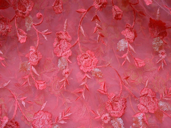 Coral Red Net Tulle Embroidery Fabric Floral Embroidered Fabric by
