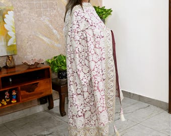 Onion Pink Embroidery Dupatta Women Georgette Chunni Bridal Veil Lehenga Wrap Stole Festival Wedding Punjabi Chunri India Ethnic Attire