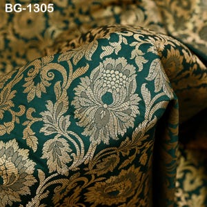 Silk Brocade Fabric Bottle Green Gold Banarasi Blended Silk Brocade Fabric by the Yard Banaras Brocade for Wedding Dress Bridesmaid Lehenga