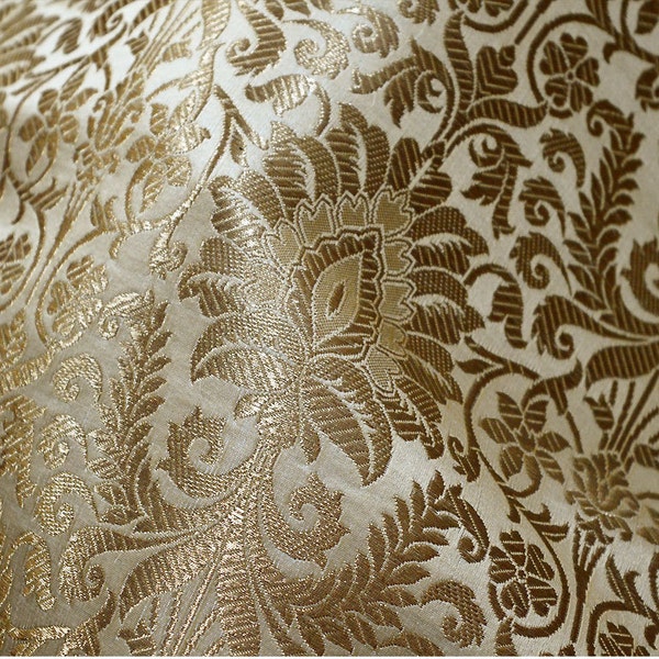 Silk Brocade Fabric Light Beige Weaving Banaras Brocade Fabric Indian Blended Silk Wedding Dress Banarasi Fabric By The Yard Home Furnishing