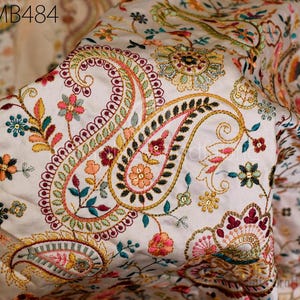 Peach Embroidered Fabric by the yard Sewing DIY Crafting Indian Embroidery Wedding Dress Costume Bag Cushion Covers Table Runners Home Decor