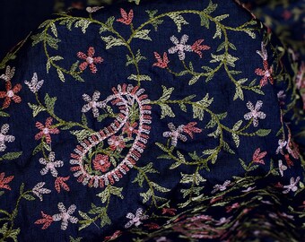 Blue Pure Tussar Silk Embroidered Fabric by the yard Indian Embroidery Raw Silk Natural Handmade Fabric Peace Silk Tussah Dress Material
