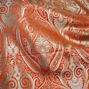 Orange Brocade Fabric by the Yard Banarasi Wedding Dress Brocade Banaras Art Blended Silk Dress Material Home Decor table Runner Curtains