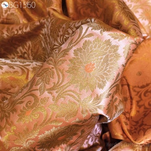 Peach Brocade Fabric by the Yard Banarasi Fabric Banaras Brocade Art Silk Wedding Dress Crafting Sewing Cushion Covers Home Décor Costume