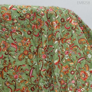 Pista Green Indian Embroidered Velvet Fabric by the yard Sewing DIY Crafting Wedding Dress Costumes Doll Cushion Cover Table Runner Quilting