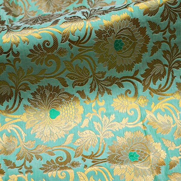 Light turquoise Brocade by the Yard Fabric Banarasi Blended Silk Brocade Wedding Dresses Crafting Sewing Cushion Cover Home Décor Costume