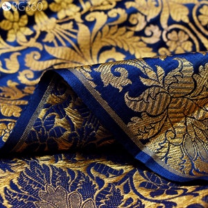 Navy Blue Gold Weaving Brocade Banarasi Indian Blended Silk Wedding