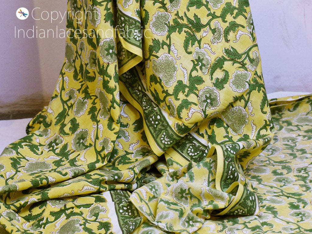 Green Indian Block Print Soft Cotton Fabric by Yard Hand Stamped ...