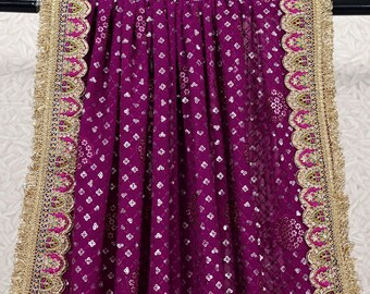 Wine Georgette Dupatta Embroidered | Indian Women Wedding Long Dupatta with Sequin | Punjabi Chunni Lehenga Stoles Bridal Veil Head Scarf