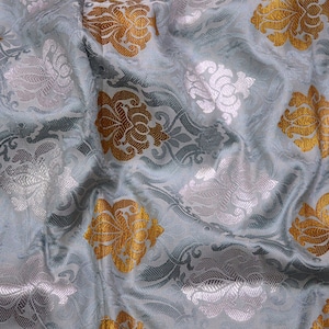 Grey Silver Gold Brocade Banarasi Fabric by the Yard Banaras Art Blended Silk for Wedding Dress Home Decor Table Runner Jacket Making Fabric