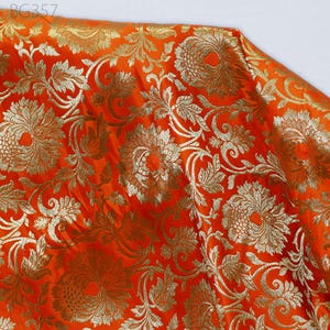 Indian Banarasi Brocade Fabric by the Yard Wedding Dress Lehenga Blouses Making Benares Brocade Orange Gold Fabric Home Furnishing Curtains