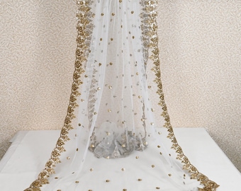 Gold Embroidered Dyeable Dupatta Net Sequin, Light Weight Stole, Indian Bride Wedding Lehenga Veil, Women Haldi Dress Chunni Scarf, Gift Her