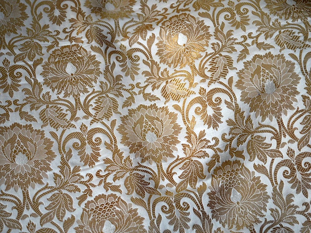Brocade Fabric in Cream Gold Weaving Banaras Brocade Wedding Etsy