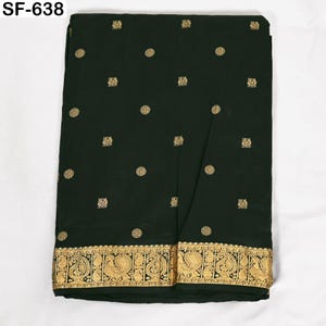 Pure Silk Brocade Fabric by Yard, Two-Tone Dark Green and Black Gold Zari Border, Wedding Costume Home Decor