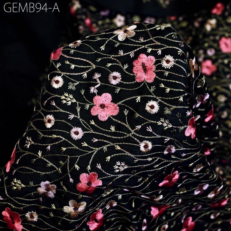 Buy Indian Black Embroidered Fabric by the Yard Sewing DIY Crafting
