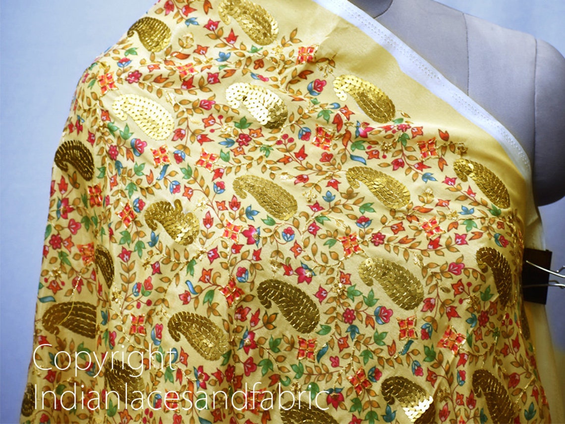 Pale Yellow Sequin Embroidery Fabric Indian Saree Embroidered Etsy