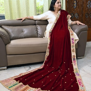 Velvet Shawl Maroon Designer Dupatta Vintage Hand Embroidered Border Gift Friend Indian Chunni Bridal Veil Lehenga Festival Punjabi Wedding