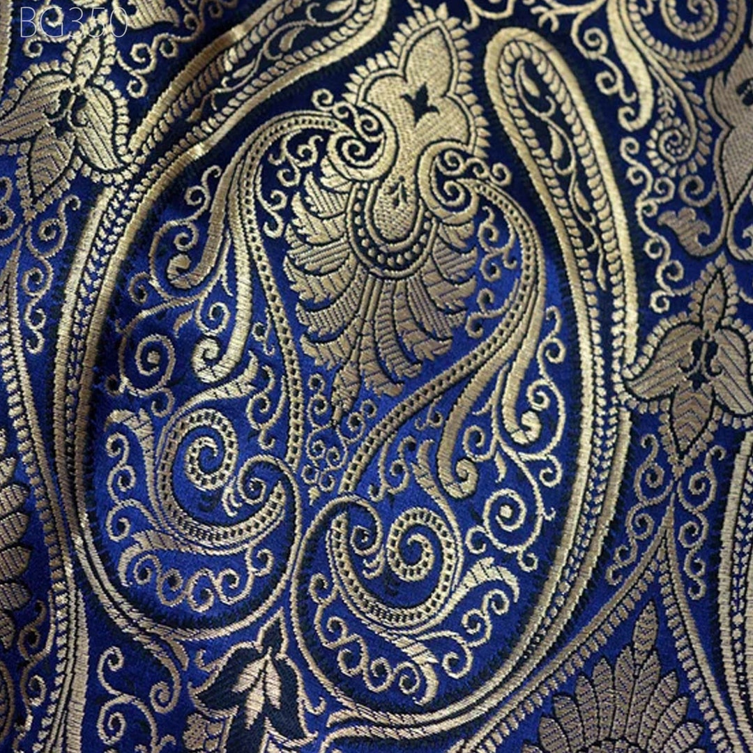 Ocean Ray Metallic Brocade Fabric – Navy, Aqua & Yellow Chevron Kente Design