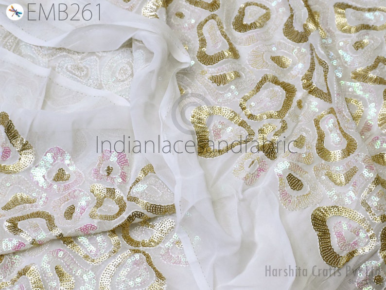 Buy Sequin Embroidery Fabric by the Yard Indian White Online