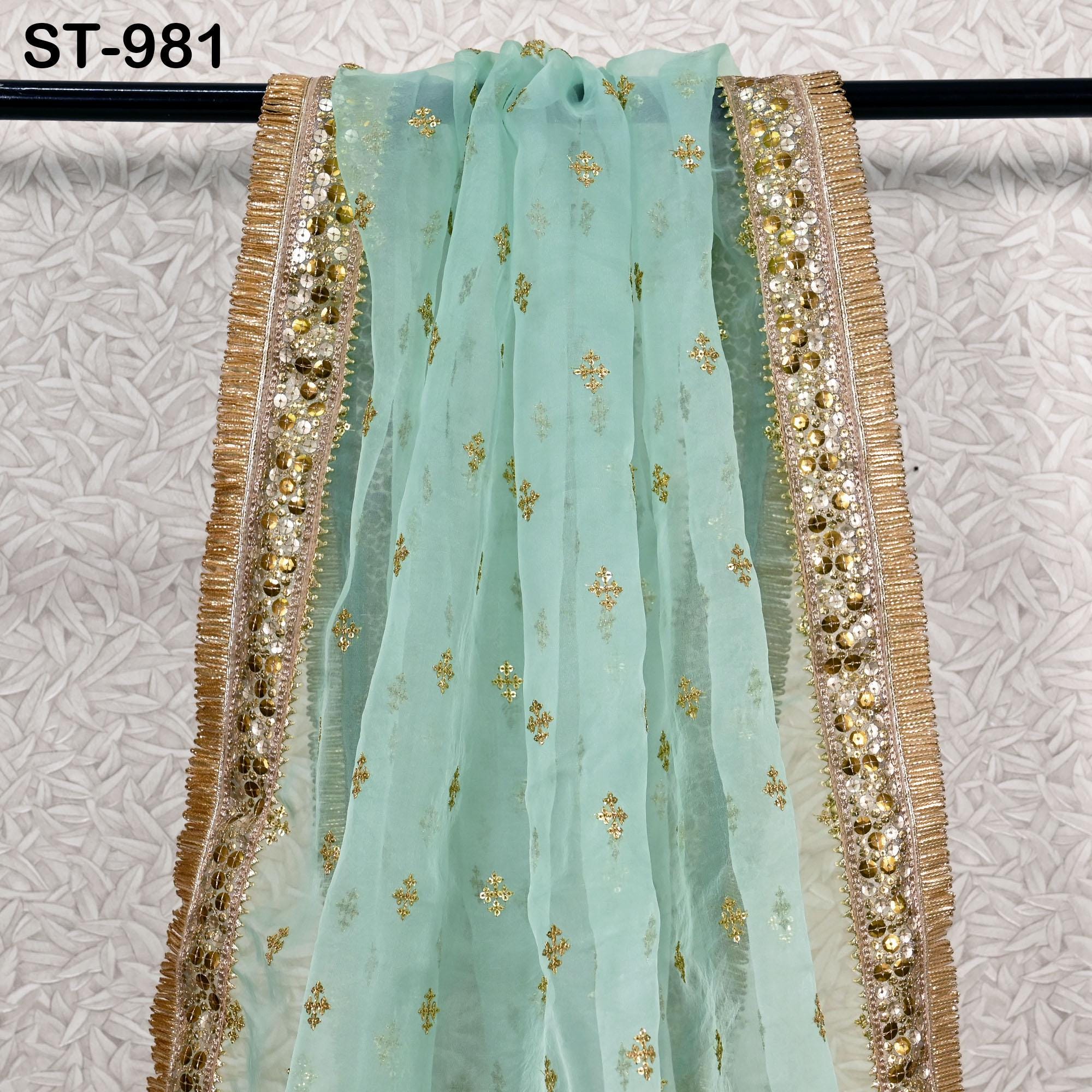 ミントグリーン Dupatta シルクオーガンザ Gotta 軽量インドブライダル 