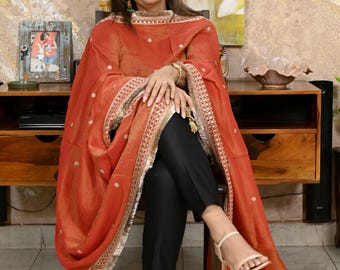 Red Zari Tissue Dupatta for Women, Bridal Wedding lehenga Heavy Chunni Veil Sequin Scarf, Indian Ethnic Dress Costume Bridesmaid's Gift