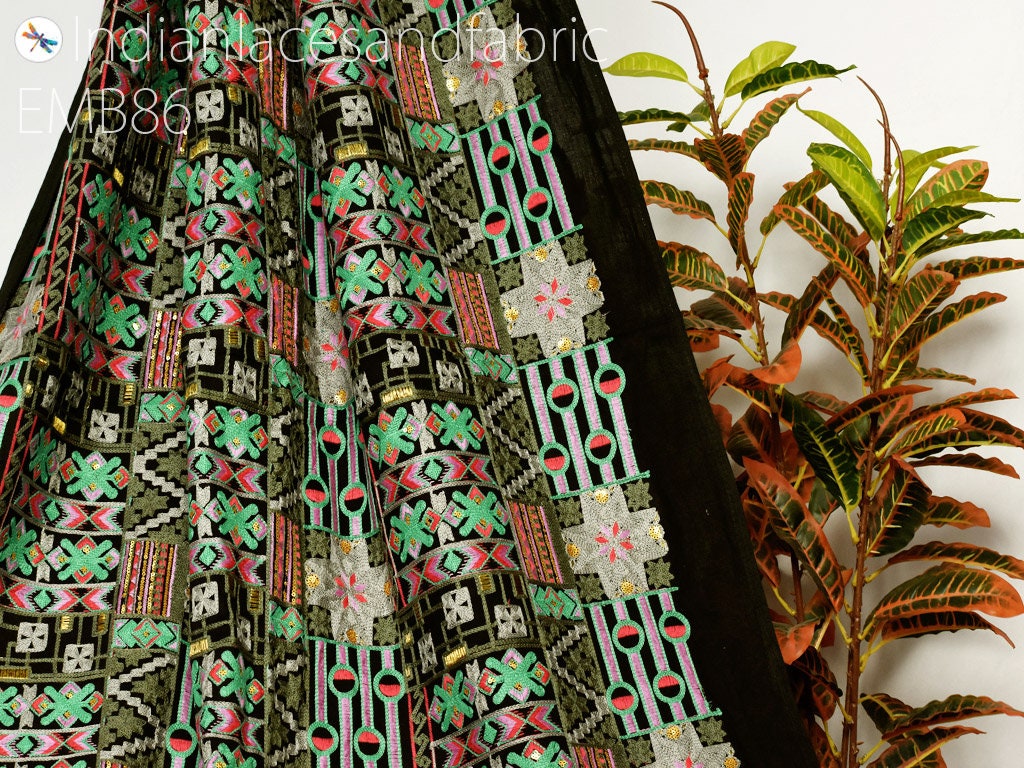 Indian Embroidered Fabric by the Yard Black Cotton Embroidery Etsy