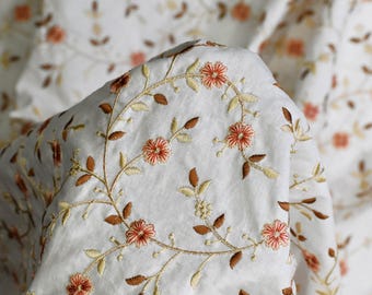 Embroidered Cotton Fabric by the Yard Indian Embroidery Ivory Sewing DIY Crafting Summer Women Kids Dresses Costumes Doll Bag Home Decor