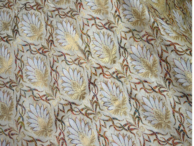 Banarasi Brocade Fabric by the yard Off white brocade fabric Blended fabric Indian Silk Fabric Wedding Banaras fabric sewing crafting fabric