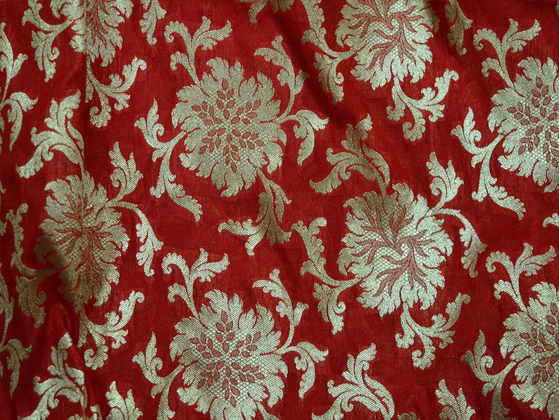 Indian Fabric Banarasi Red Silk Brocade Fabric Dress Material for Weddings by the yard Banaras blended Silk Fabric Remnant