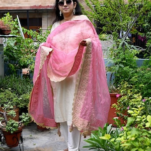 Pink Organza Designer Dupatta for women, Bridal Wedding lehenga Chunni/Veil Beads Sequin Scarf Indian Ethnic Dress Stole Gift Bridesmaid