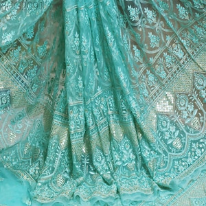 Mint Sequin Net Embroidery Fabric Indian Saree Embroidered Fabric by the Yard Crafting Sewing Sequined Wedding Dress Costumes Doll Making